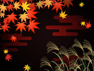 Obraz premium ススキと紅葉の和風イメージ背景_黒_ベクターイラスト