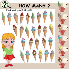 Find and count objects. Educational mathematical game for children. Vector illustration, ice cream cones, little girl.