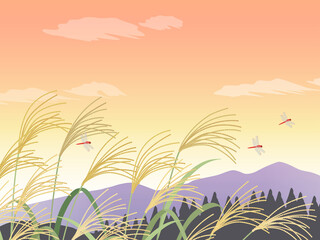 野山のススキと夕焼けの風景_背景_ベクターイラスト © あ こ