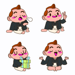 cute japanese samurai sticker vector set