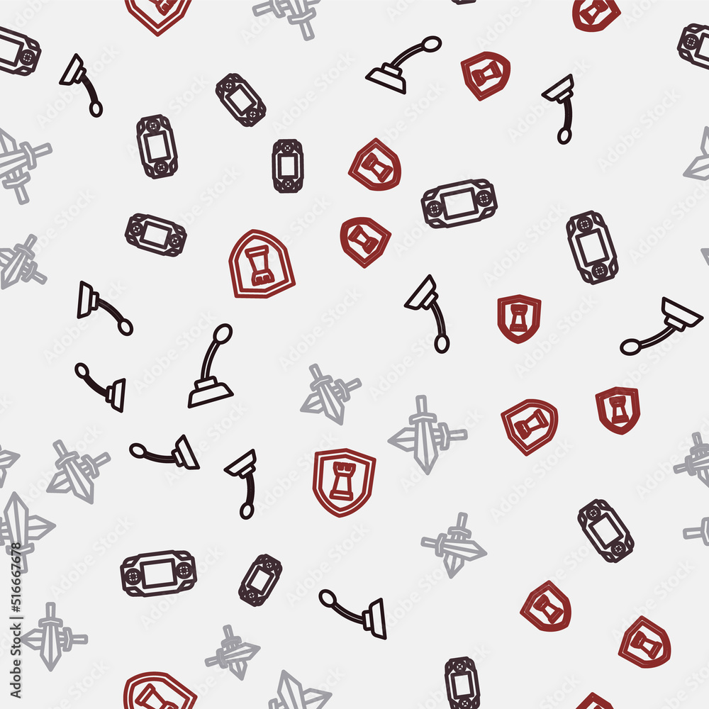 Poster set line microphone, portable video game console, sword for and chess shield on seamless pattern. ve