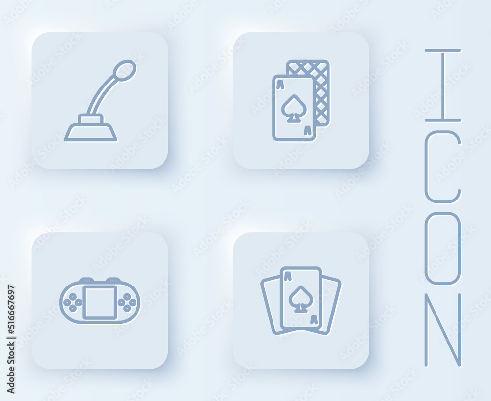 Poster set line microphone, playing cards, portable video game console and . white square button. vector