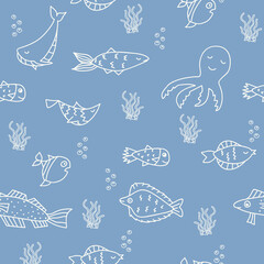 Seamless pattern with shoals of fish. Print for textile, wallpaper, covers, surface. For fashion fabric. Retro stylization.