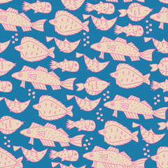 Seamless pattern with shoals of fish. Print for textile, wallpaper, covers, surface. For fashion fabric. Retro stylization.