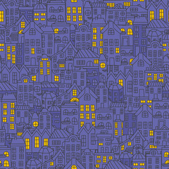 Night urban seamless pattern. Print for textile, wallpaper, covers, surface. For fashion fabric. Retro stylization.