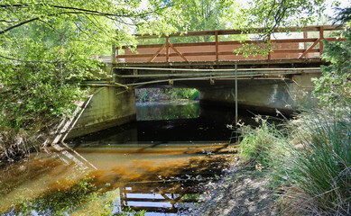 The bridge at Lake Fulmor and view of the murky water under the bridge. Lake Fulmor is located Near Idyllwild and Banning, CA in Riverside County. 