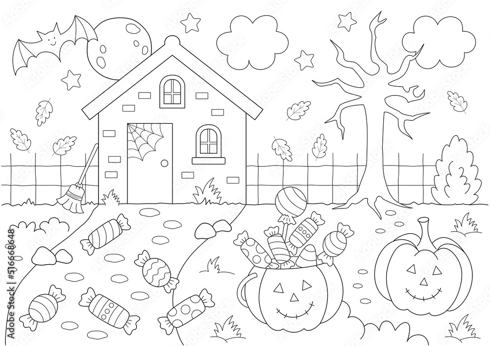 Wall mural cute halloween coloring page design for kids with pumpkins, candy, a little house and more fun shape