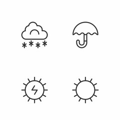 Set line Sun, Solar energy panel, Cloud with snow and Umbrella icon. Vector