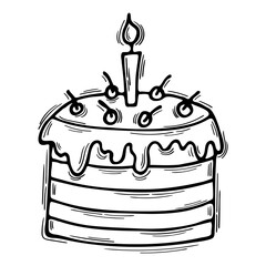 Hand drawn Birthday cake. Wedding, anniversary, party. Doodle pastry food