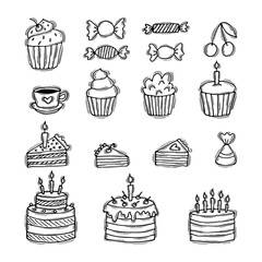 Hand drawn Birthday cakes, cupcakes, candies, cherry. Wedding cake. Doodle pastry food