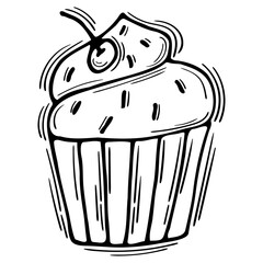 Hand drawn cupcake. Doodle pastry food. Wedding, anniversary, party, birthday