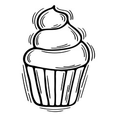 Hand drawn cupcake. Wedding, anniversary, birthday, party. Doodle pastry food