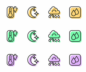 Set line Cloud and lightning, Thermometer, Moon stars and Water drop icon. Vector