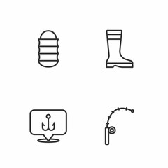 Set line Fishing rod, hook, net and boots icon. Vector