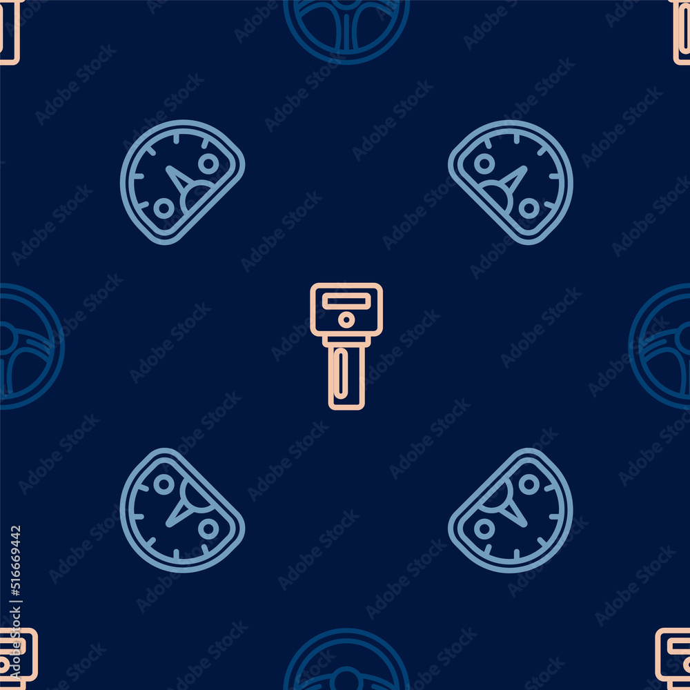 Poster set line racing steering wheel, speedometer and car key with remote on seamless pattern. vector