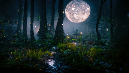 Fototapeta premium Dark fairytale fantasy forest. Night forest landscape with magical glows. Abstract forest, magic, fantasy, night, lights, neon. 3D illustration.