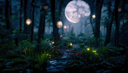 Peel and stick wall murals Fairy forest Dark fairytale fantasy forest. Night forest landscape with magical glows. Abstract forest, magic, fantasy, night, lights, neon. 3D illustration.