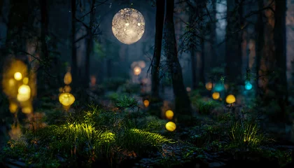  Dark fairytale fantasy forest. Night forest landscape with magical glows. Abstract forest, magic, fantasy, night, lights, neon. 3D illustration. © MiaStendal