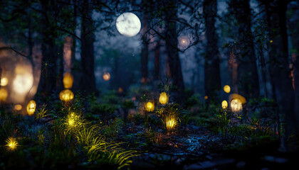 Fototapeta na wymiar Dark fairytale fantasy forest. Night forest landscape with magical glows. Abstract forest, magic, fantasy, night, lights, neon. 3D illustration.