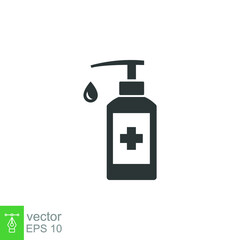 Hand sanitizer icon. Simple solid style. Gel, disinfect, antibacterial, wash, bottle pump, dispenser, container, soap, cleanser, health concept. Vector illustration isolated on white background EPS 10