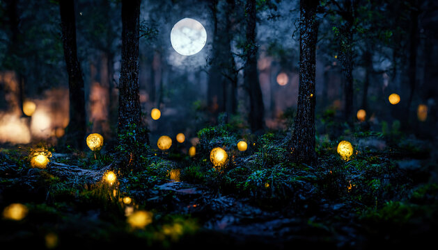 Dark fairytale fantasy forest. Night forest landscape with magical glows. Abstract forest, magic, fantasy, night, lights, neon. 3D illustration.