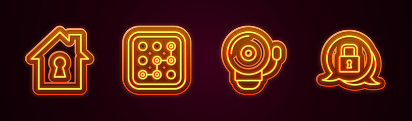 Set line House under protection, Graphic password, Ringing alarm bell and Lock. Glowing neon icon. Vector