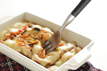 Homemade eggplant and tomato sauce Cheese gratin