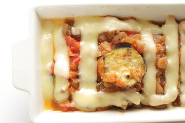 Homemade eggplant and tomato sauce Cheese gratin