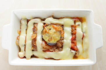 Homemade eggplant and tomato sauce Cheese gratin