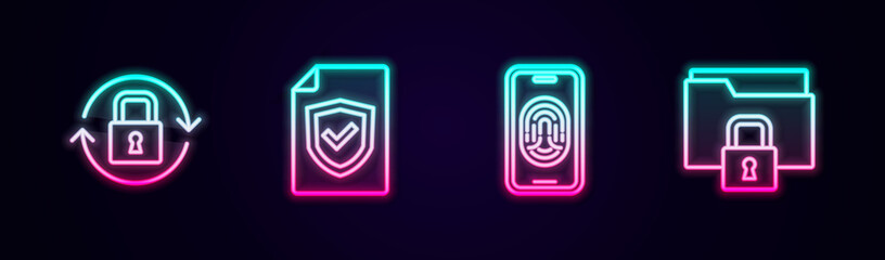 Set line Lock, Contract with shield, Mobile fingerprint scanner and Folder and lock. Glowing neon icon. Vector