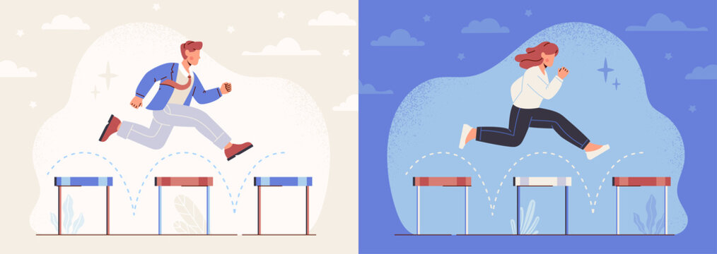 Overcoming business obstacles concept. Young male and female entrepreneurs jump over barriers and difficulties on way to achieving financial success. Problem solving. Cartoon flat vector set