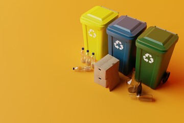 Waste bins for segregation. Wastepaper basket in different colors for the sorting of paper, glass, plastic. Recycling concept, taking care of the environment. 3d rendering, 3d illustration.