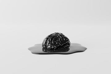 Dissolving black brain on white. Biological and medical concept. 3d rendering, 3d illustration.