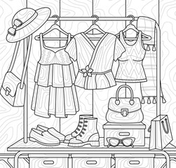 Design for coloring book. Stylish clothes, woman dress on hanger, hat, handbag and shoes in wardrobe. Antistress for children and adults. Cartoon flat vector illustration in zen tangle style