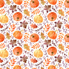 Fall leaves and orange pumpkins. Watercolor seamless pattern