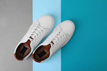 Pair of stylish sports shoes on color background, flat lay. Space for text