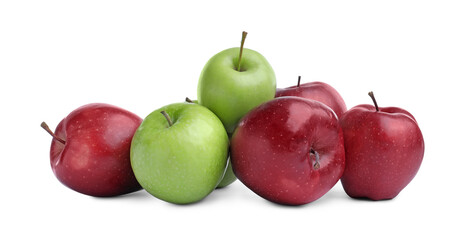 Fresh ripe green and red apples on white background