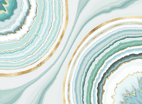 Agate stone wall art print with geode mineral texture and gold border.