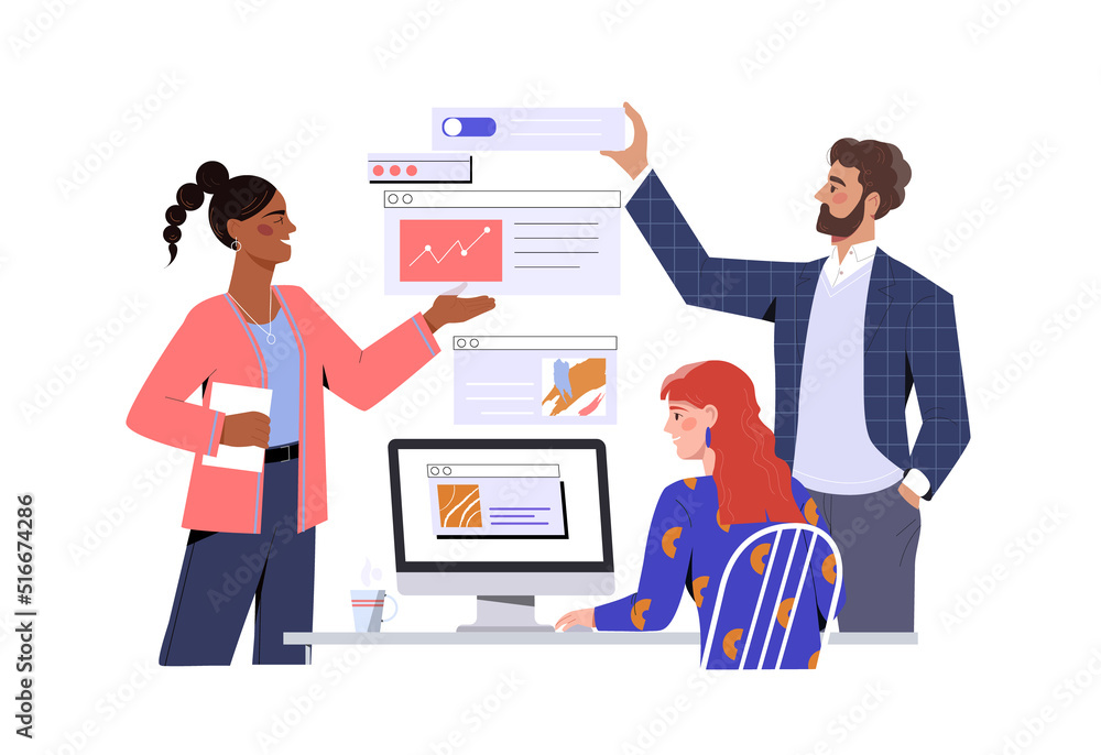 Poster teamwork and collaboration concept. young men and women ux and ui designers hold parts of user inter
