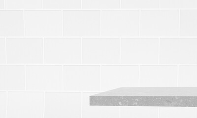 3d render. Abstract gray background. Mock-up of a tiled wall and a stone countertop. 3d illustration