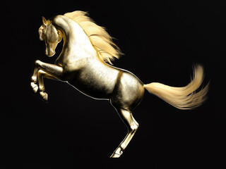 Statue of a standing golden horse. 3d illustration.