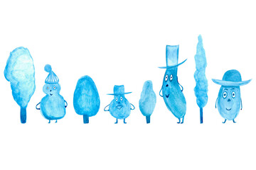 Watercolor collection fairytale blue tree and funny kids in doodle hats, isolated on white background for your design, hand drawn illustration