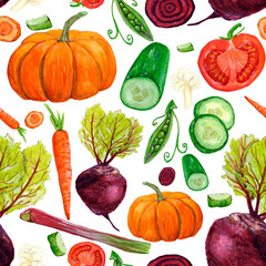 Watercolor pattern fresh farm vegetable products, pumpkin, cucumber, peas, beetroot, tomato, carrot and cabbage on white background for your seamless design, menu and restaurant, hand drawn 