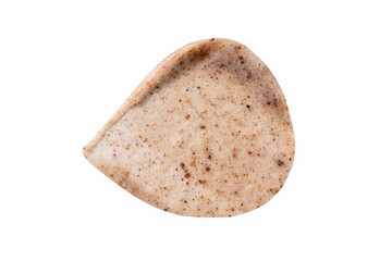 Peeling cream smudge with exfoliating particles. Cosmetic skincare product with abrasive particle sample, gentle nude scrub texture isolate. Scrub smear swatch isolated on white background.