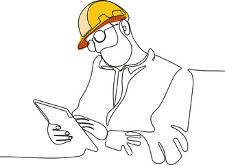 Close up of young Caucasian worker with helmet on head using tablet for work while standing in warehouse. Vector illustration