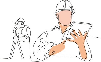 Close up of young Caucasian worker with helmet on head using tablet for work while standing in warehouse. Surveyor with a tripod icon. Geodesic tripod. Vector illustration