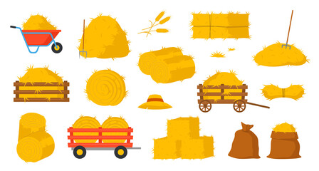 Set of bale of hay icons. Stickers with dry straw, hayloft, roll pile, wooden or metal wheelbarrow and pitchfork. Farming and agriculture. Cartoon flat vector collection isolated on white background - obrazy, fototapety, plakaty