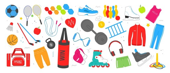 Various Sport equipment set. Stickers with inventory or accessories for fitness or gym workouts. Healthy lifestyle and physical activity. Cartoon flat vector collection isolated on white background