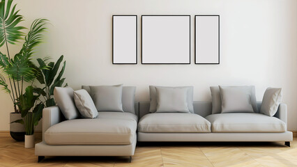 Room with big grey sofa and pillows, plant, wooden floor, and 3 empty frames. 3d illustration. 3d rendering