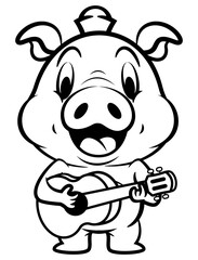 Cartoon illustration of Funny Piglets wearing cap and playing acoustic guitars, best for sticker, mascot, and coloring book for kids